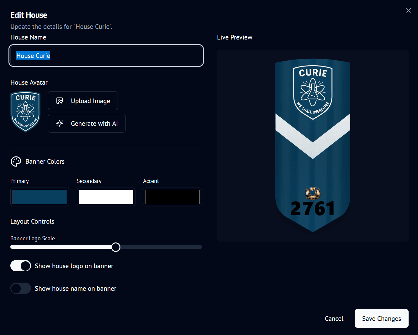 House banner designer with color controls and a live Curie house banner preview.