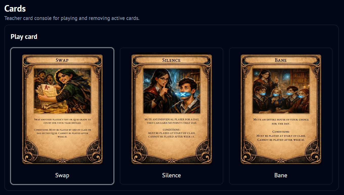 Playable classroom card console with Swap, Silence, and Bane cards.